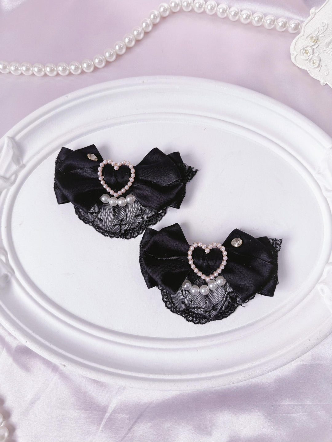Jirai Kei Bowknot Shoe Clips, Heart-Shaped Faux Pearl 45356:845567