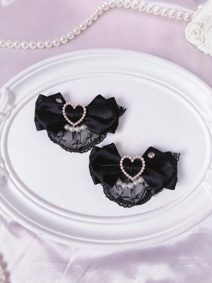 Jirai Kei Bowknot Shoe Clips, Heart-Shaped Faux Pearl 45356:845567