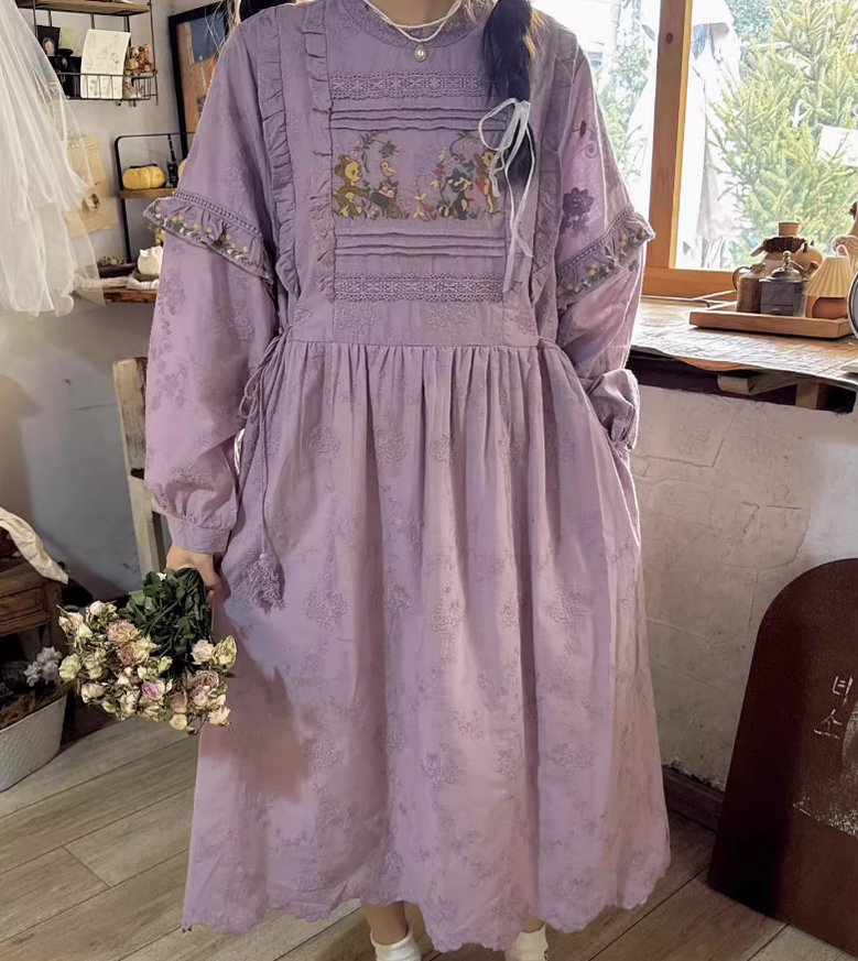 Mori Kei Dress Cottagecore Dress Purple Embroidered Dress 36248:534802