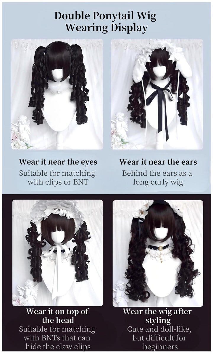 Black Jirai Kei Wig Set Lolita Roman Curly Double Ponytail 42183:732997