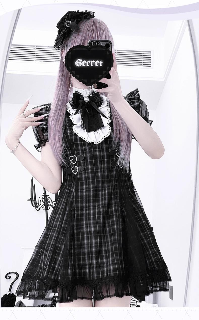 Plaid A-Line Jirai Kei Dress, Tulle Puff Sleeves 43576:780179