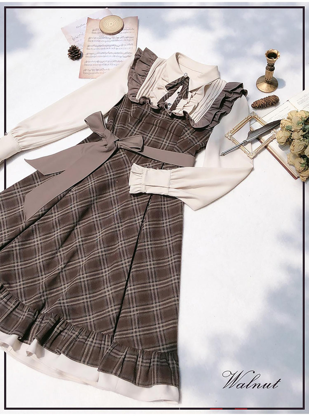 Retro Lolita OP Dress And Brown Lolita Coat Plaid Dress 41080:686010