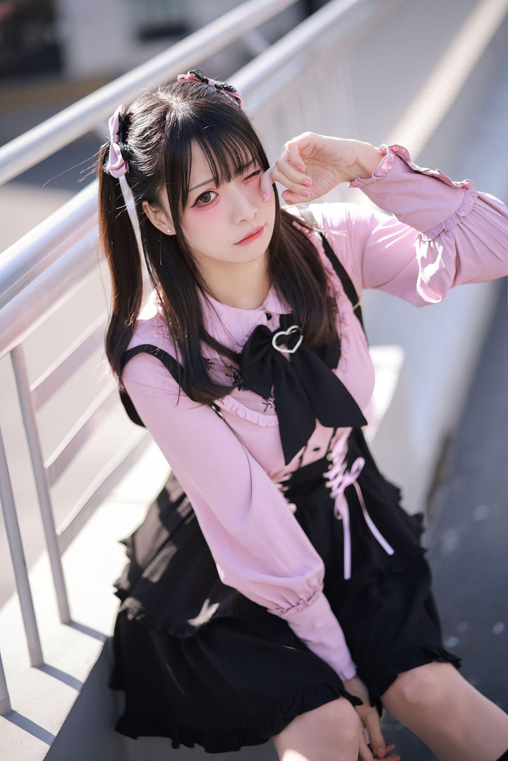 Jirai Kei Blouse Pink Blue Shirt Black Lace Up Skirt 21832:760686