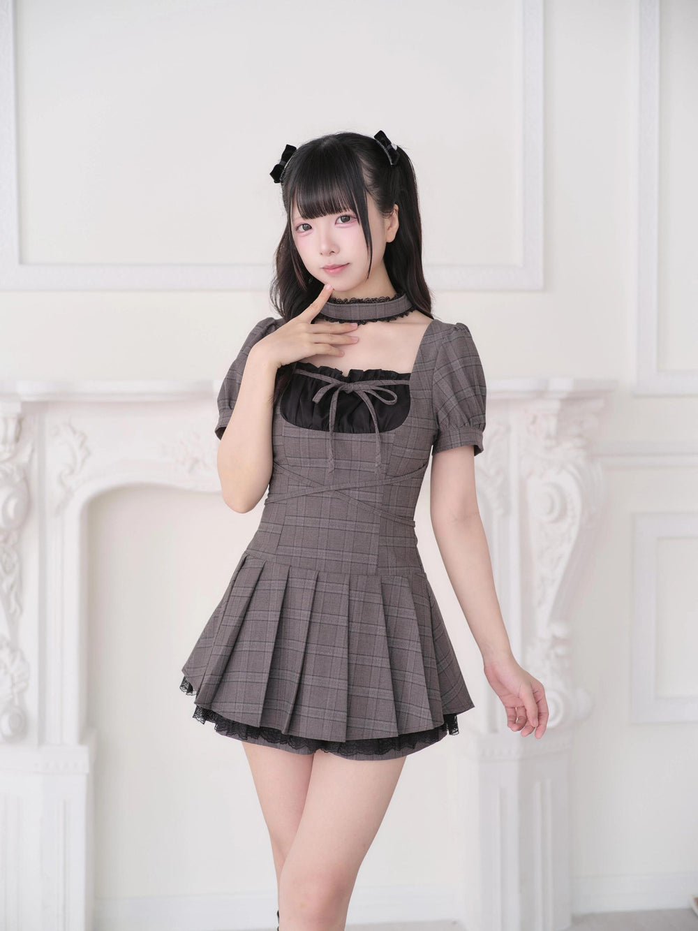 Jirai Kei Plaid Square Neckline Dress, Pleated Hem (Brown / M S) 45802:863780