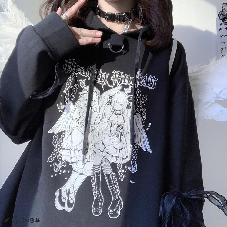 Jirai Kei Hoodie Black Top Angel Printed Hoodie Lace Up 37572:563106