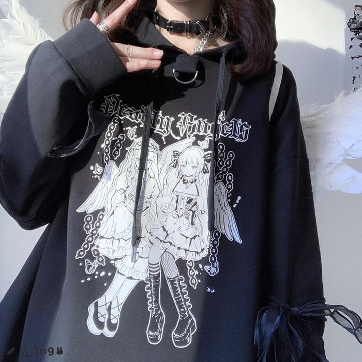 Jirai Kei Hoodie Black Top Angel Printed Hoodie Lace Up 37572:563106 37572:563106