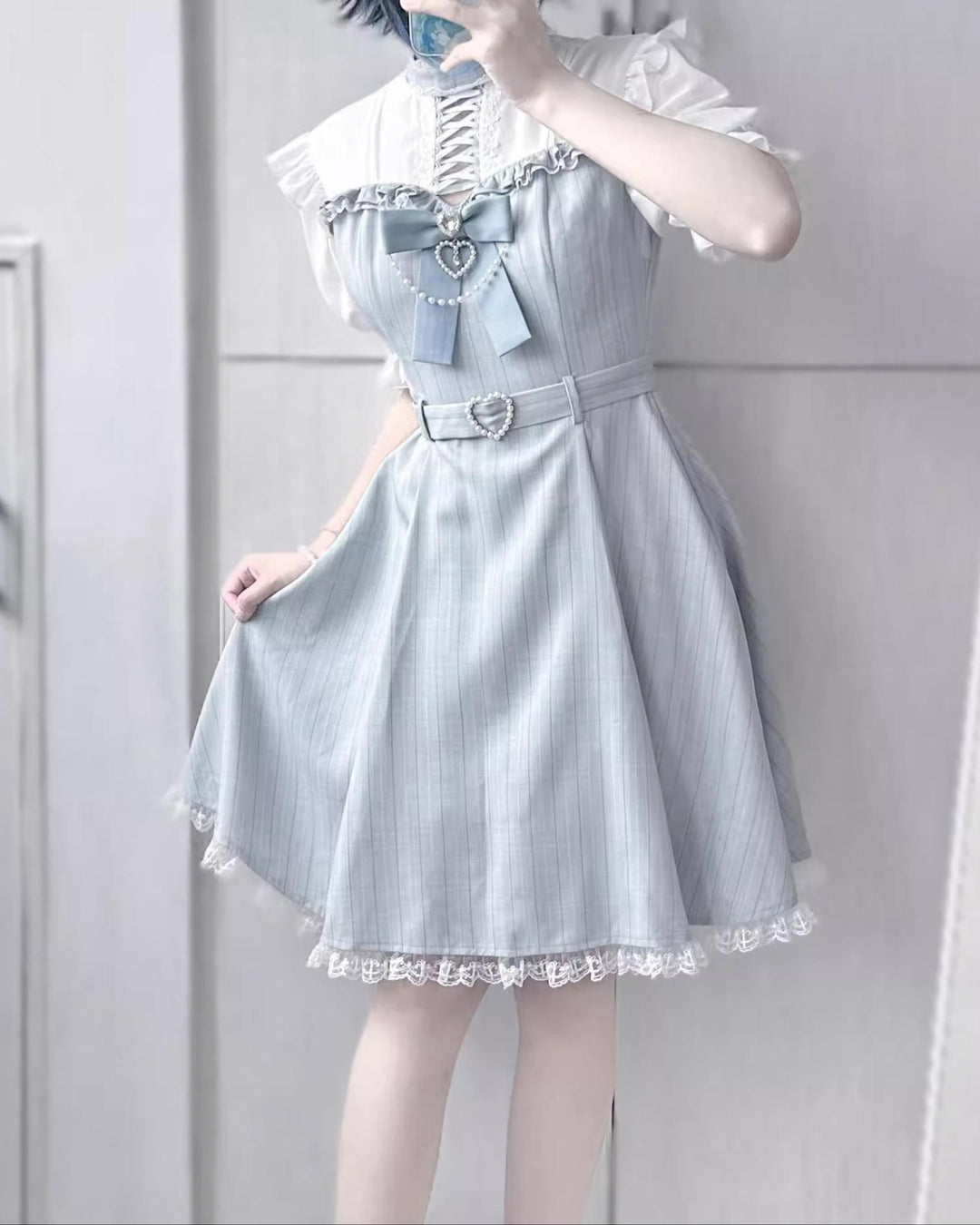 Jirai Kei Dress Short Sleeves Lace-Up Dress With Bow Tie 41036:685928