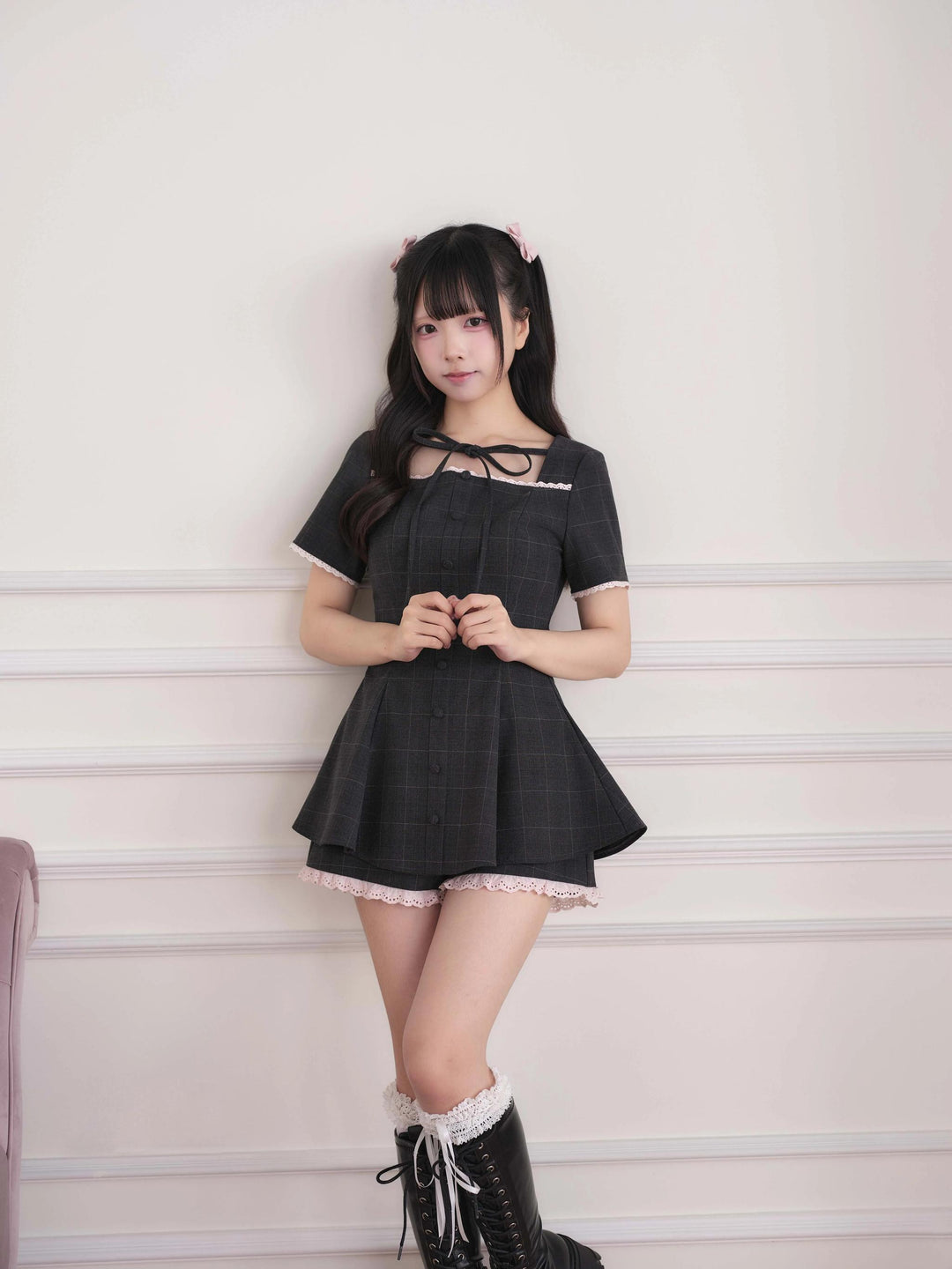Ryousangata Lace Trim Dress & Elastic Shorts Set 45835:864541