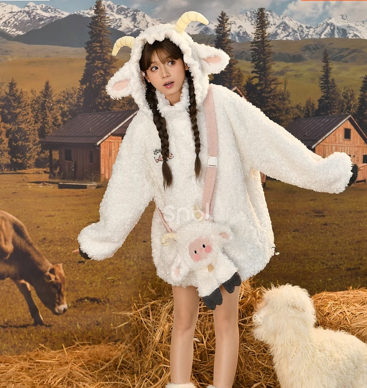 Mori Kei White Winter Jacket Little Sheep Fleece Coat 22696:328698 22696:328698