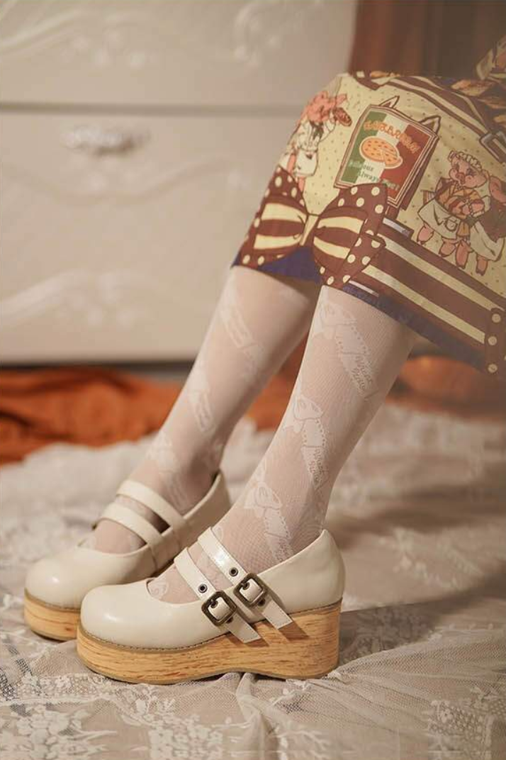 Retro-wooden Bottom Double Button Platforms Multicolor 21784:318806