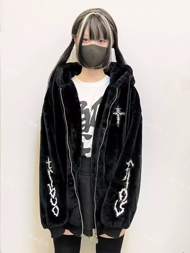Jirai Kei Coat Black Fleece Hooded Jacket With Cat Ears – Honey