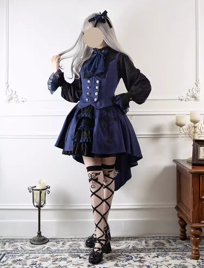 Ouji Lolita Prince Outfit Navy Blue Lolita Blouse Skirt Set 39360:633264