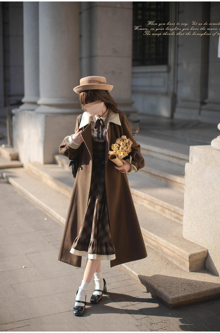 Retro Lolita OP Dress And Brown Lolita Coat Plaid Dress 41080:686016