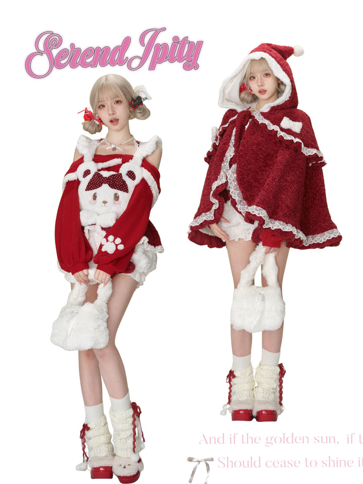 Christmas Outfit Set Red Cape Sweater And Shorts 41134:692160