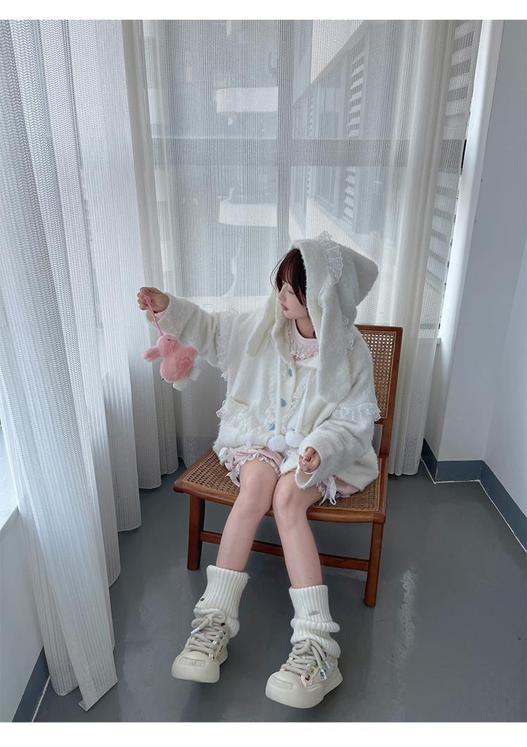 Kawaii Coat Sweater Bunny Ear Lace Knitted Hooded Cardigan 40338:665488