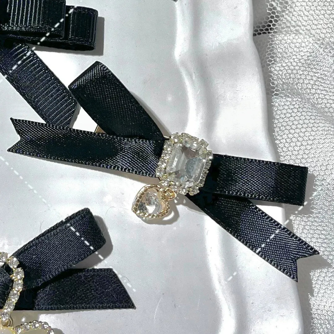 Jirai Kei Bow Hair Clips Set, Rhinestone & Pearl Accent 45776:866491