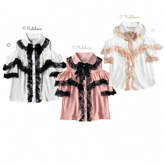 Jirai Kei Shirt Lace Double Layer Short Sleeve Open Shoulder Blouse 35374:529882