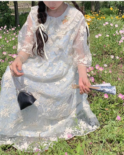 Kawaii Mori Kei Dress Blue Floral Sweet Dress 36206:523566