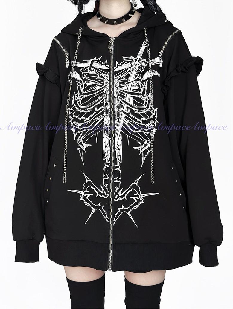 Subculture Ribcage Printed Zipper Hoodie, Open Shoulder – Honey