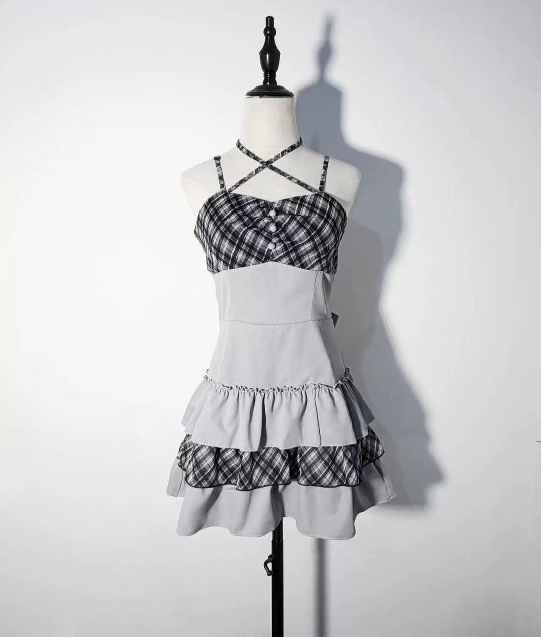 Jirai Kei Plaid Halter Neckline Dress, Solid Bolero 46017:872677