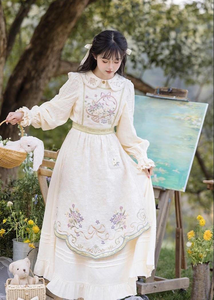 Cottagecore Dress Mori Kei Dress Set Embroidered Cotton Set 36238:527688