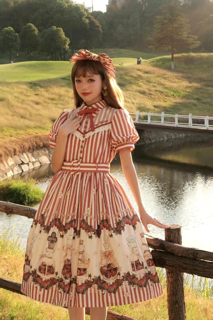 Retro Lolita Dress Strawberry Print Short Sleeve OP Embroidery Shirt 37248:569542