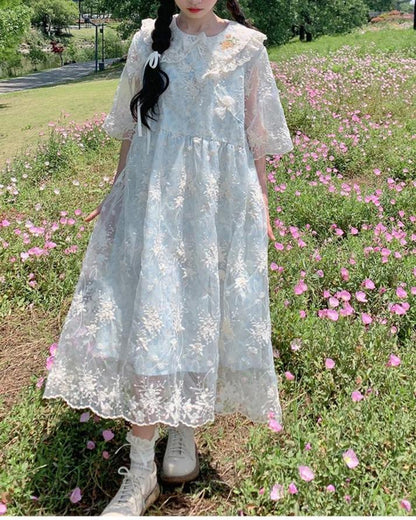Kawaii Mori Kei Dress Blue Floral Sweet Dress 36206:523606