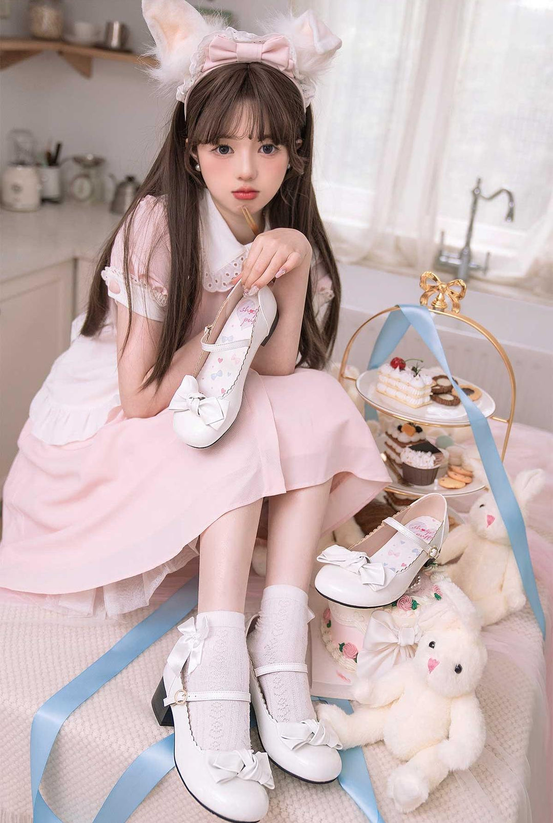 Kawaii Lolita Round-toe Bow Flat Shoes Low-heeled Shoes 15Colors 22818:330350 22818:330350