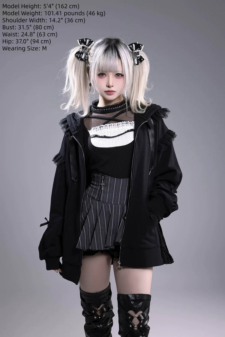 Lace-Trim Hoodie Coat, Side Pocket 45227:842327