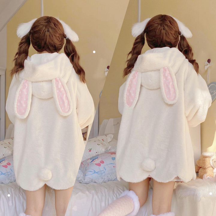 Jirai Kei Coat Sweet Bunny Ear Hoodie Long Fleece Coat 40938:682304