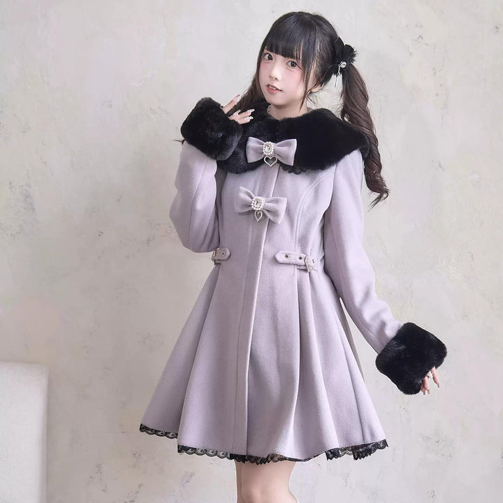 Jirai Kei Winter Coat Fur Collar Lace Coat With Bows 41410:698142