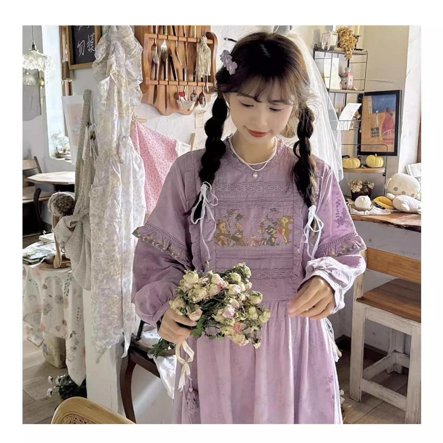 Mori Kei Dress Cottagecore Dress Purple Embroidered Dress 36248:534540