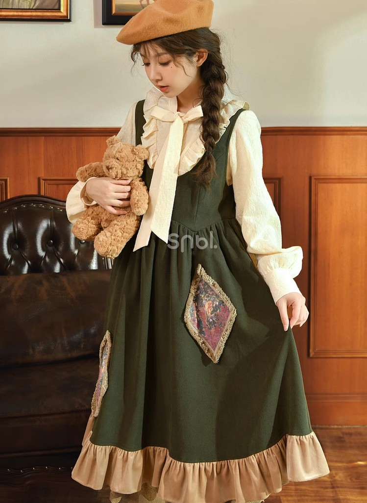 Mori Kei Dress Green Suspender Dress Apricot Blouse 39312:643760