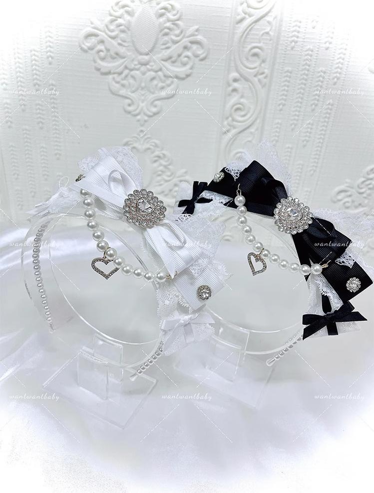 Jirai Kei Pearl Headband With Heart-Shaped Rhinestone & Bow 43296:772575