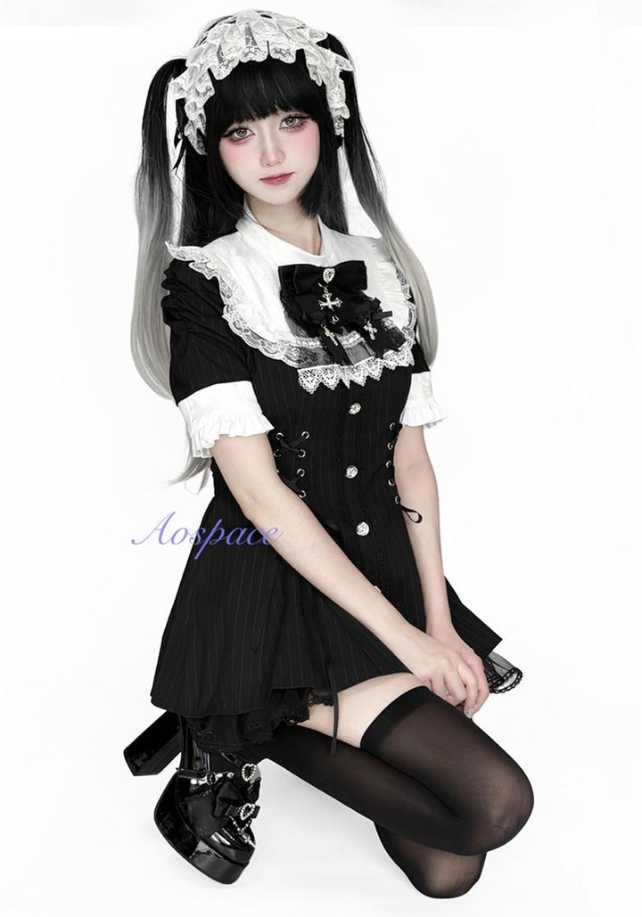 Short-sleeved Ryousangata Dress, Detachable Bowtie 43823:786769