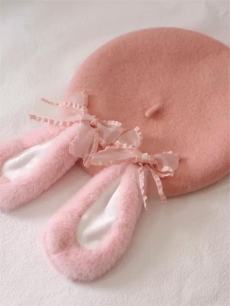 Jirai Kei Pink Hat Plush Rabbit Ear Bow Wool Beret 33804:447154 33804:447154