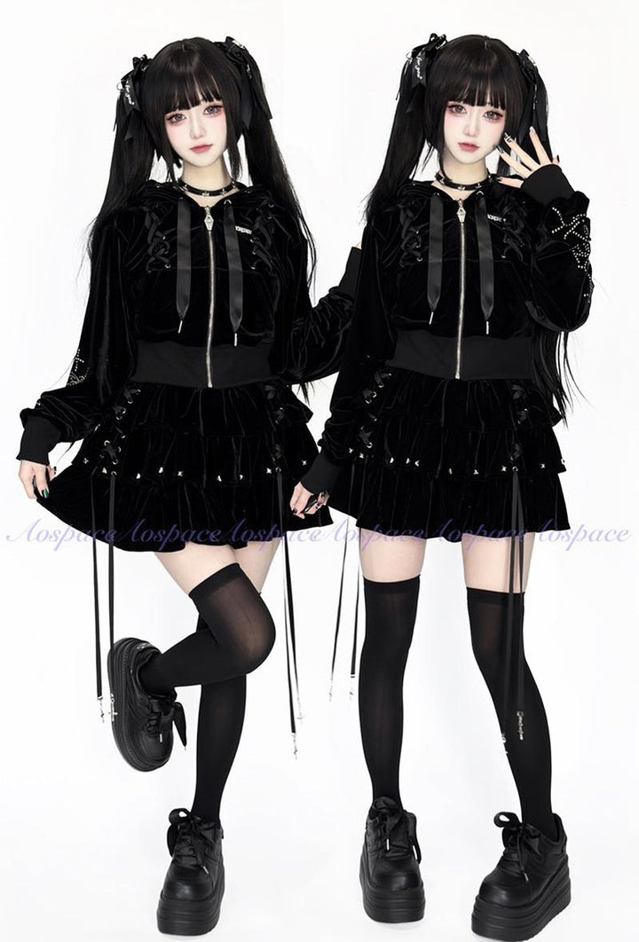 Subculture Skirt Outfit, Short Zipper Closure Hoodie 44484:816747