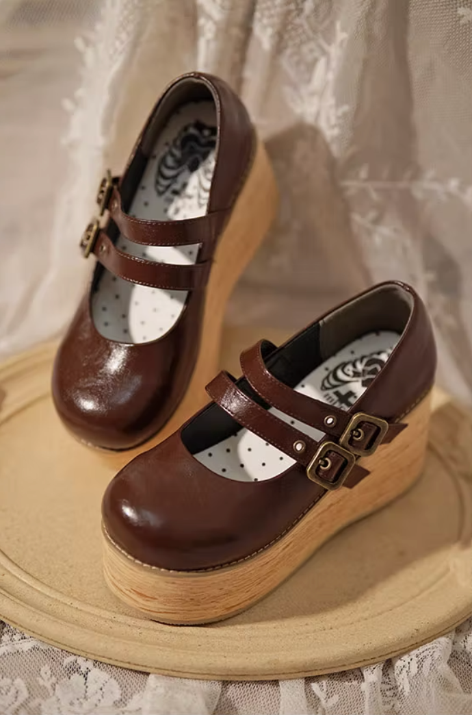 Retro-wooden Bottom Double Button Platforms Multicolor 21784:318830 21784:318830