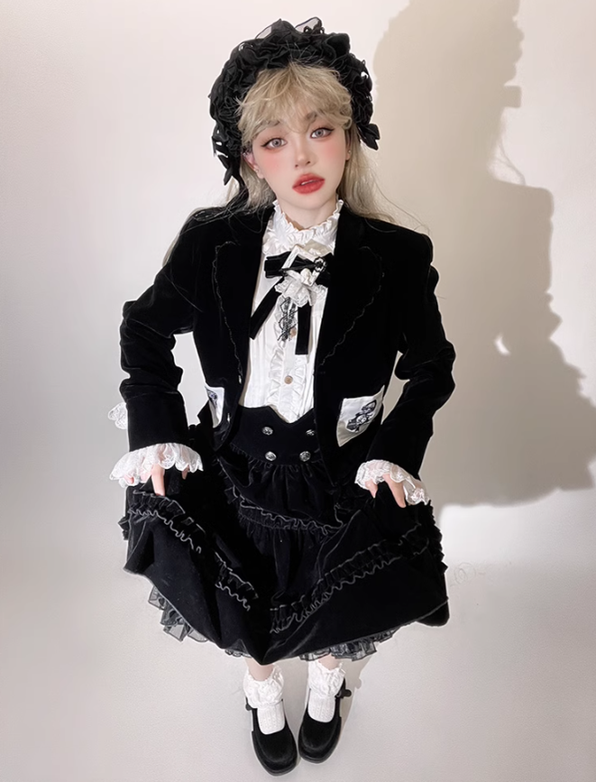 Ouji Lolita Prince Outfit Set Black Skirt Velvet Shorts Set 39368:632052