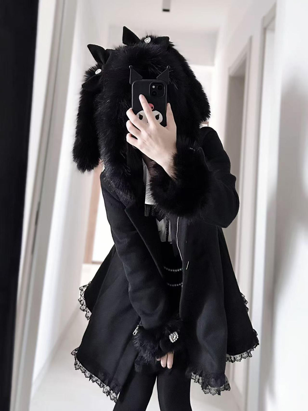 Jirai Kei Coat Wool Blend Coat Bunny Ear Hood Jacket (Black / L M S) 41328:690784