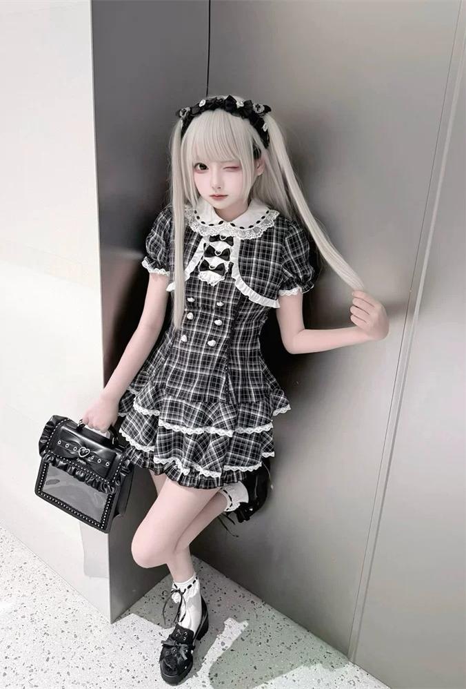Plaid Jirai Kei Dress Set, Peter-pan Collar 45568:853327