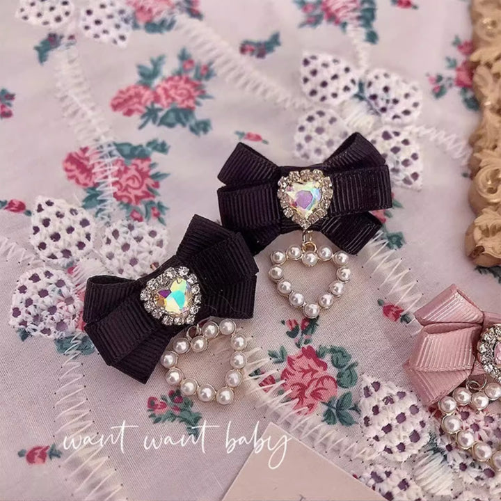 Jirai Kei Lolita Rhinestone Pearl Heart Silver Earrings Clips 21748:313180 21748:313180