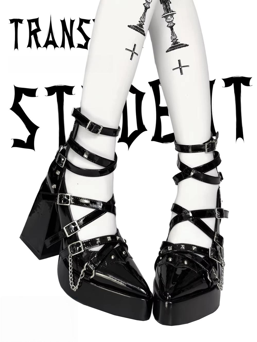 Punk Subculture Heels Shoes, Pointed Toe (Black / 35 36 37 38 39 40) 44928:828700