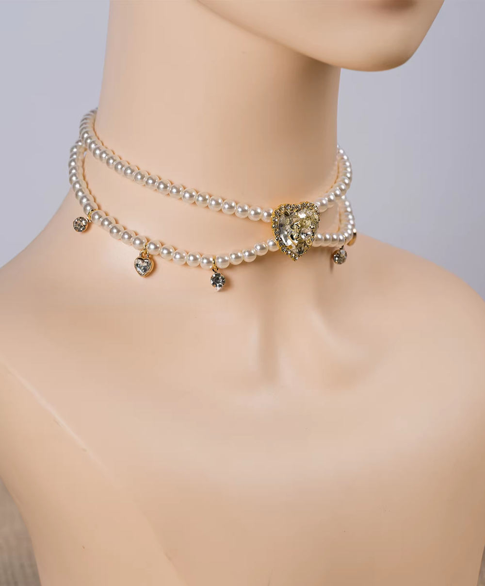 Jirai Kei Double-layered Pearl Necklace, Heart Rhinestone 45109:838129