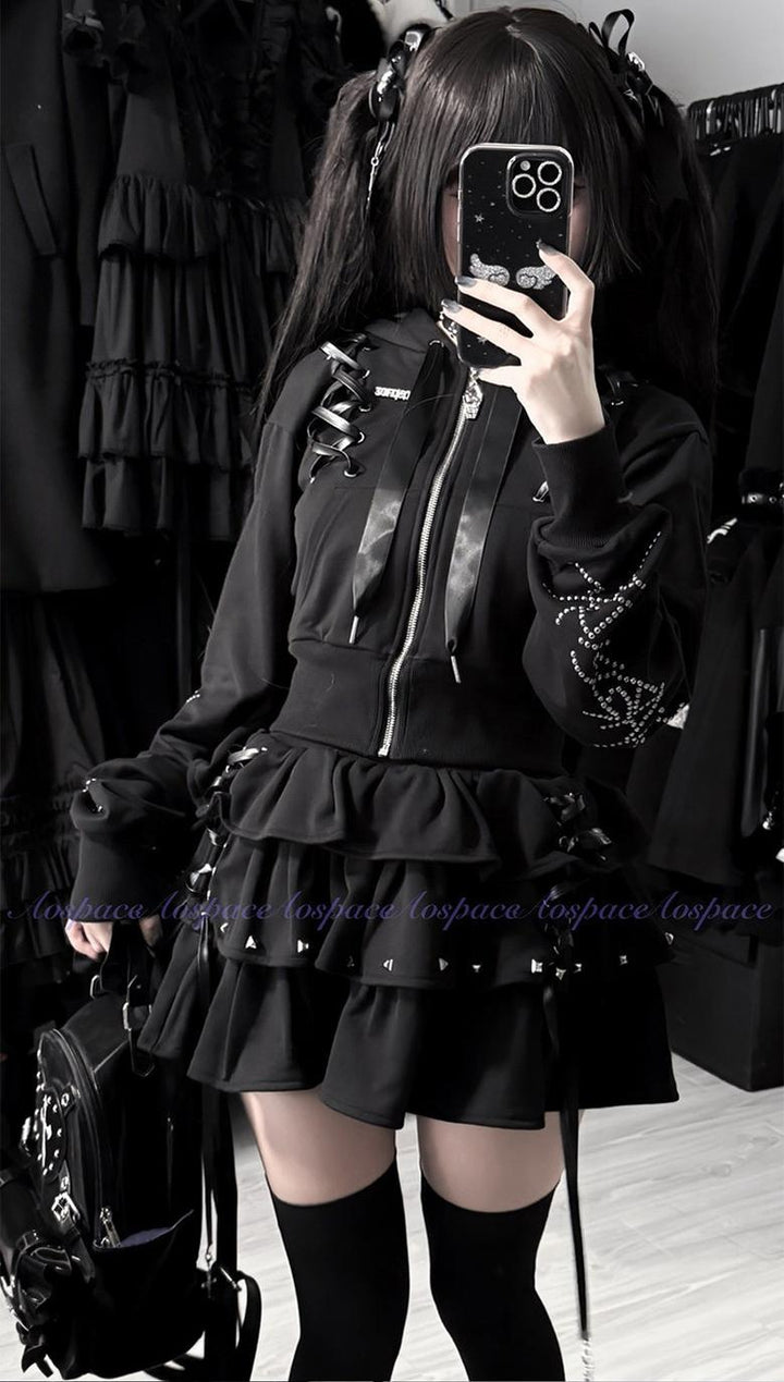 Subculture Skirt Outfit, Short Zipper Closure Hoodie 44484:816757