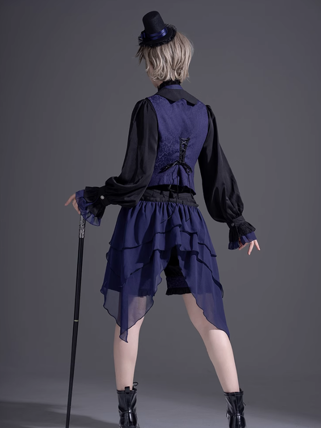 Ouji Lolita Prince Outfit Navy Blue Lolita Blouse Skirt Set 39360:633336