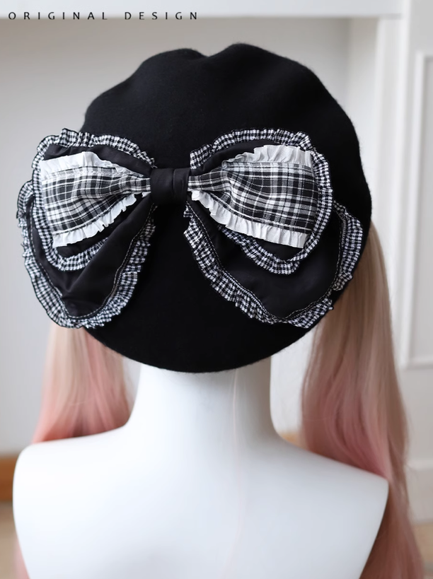 Lolita Beret Retro Bow Hat Black And White Plaid Hat 39650:635556