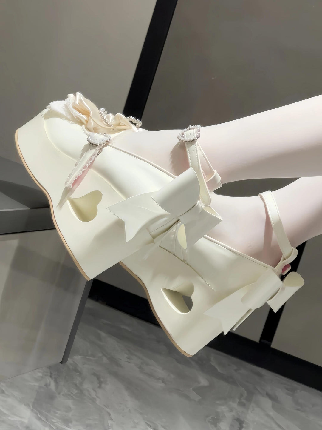 Sweet Lolita Platform Shoes, Bow and Heart-Shaped Pearl 45357:846121