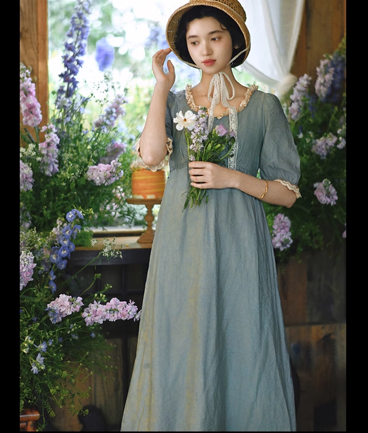 Mori Kei Fairy Dress High-Waisted Dress Mid-Sleeve Dress 36342:547130
