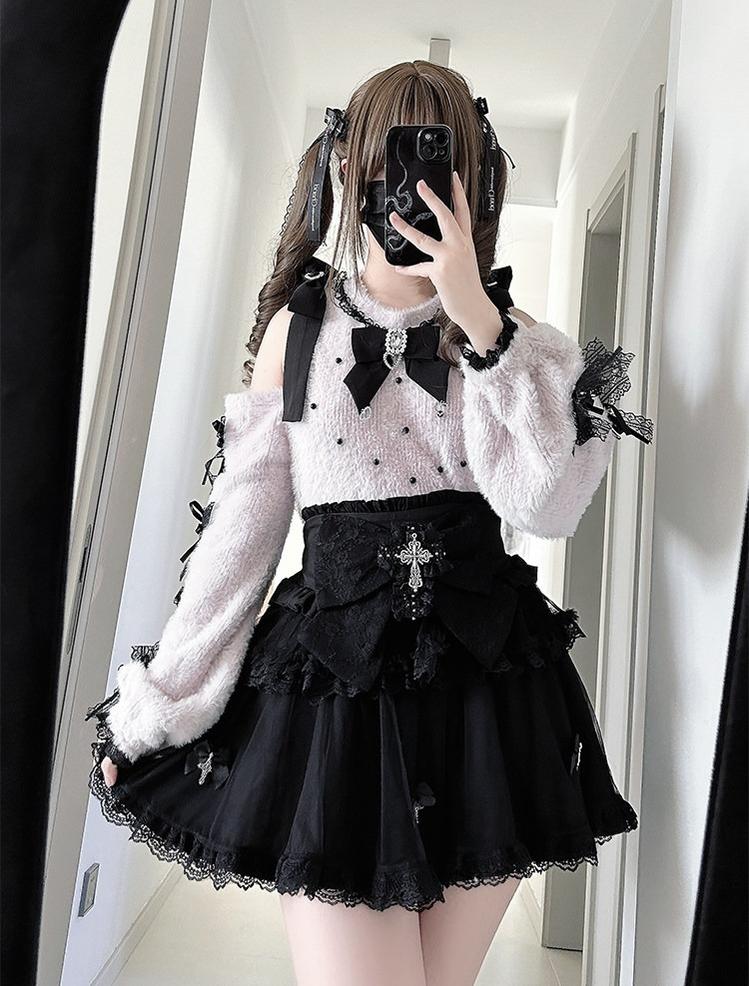 Jirai Kei Open Shoulder Plush Sweater, Tiered Skirt 44565:812997